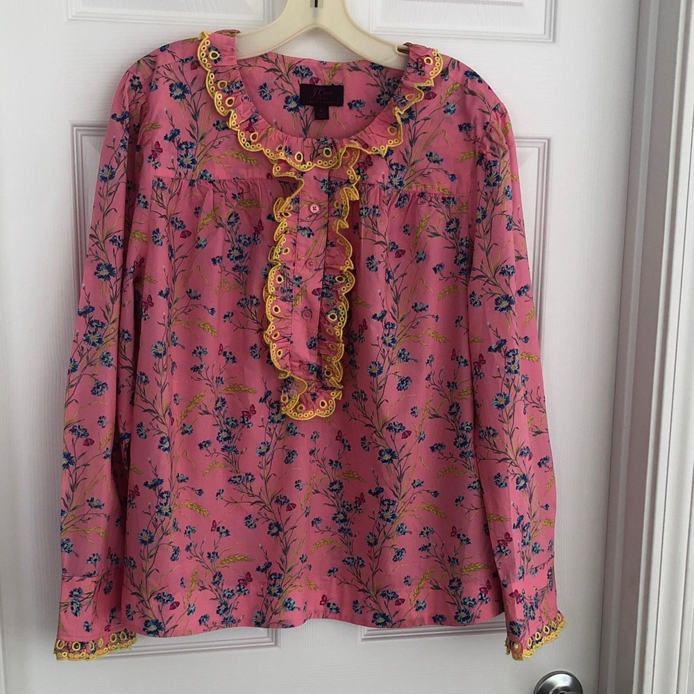 J Crew Pink Liberty London Ruffle-Trim Long Sleeve Blouse